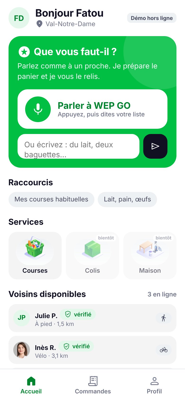 Écran d'accueil de WEP GO avec le bouton « Parler à WEP GO »