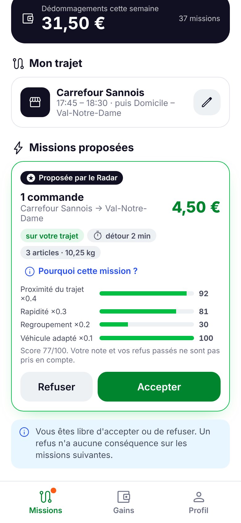 Mission proposée par le Radar avec l'explication du score